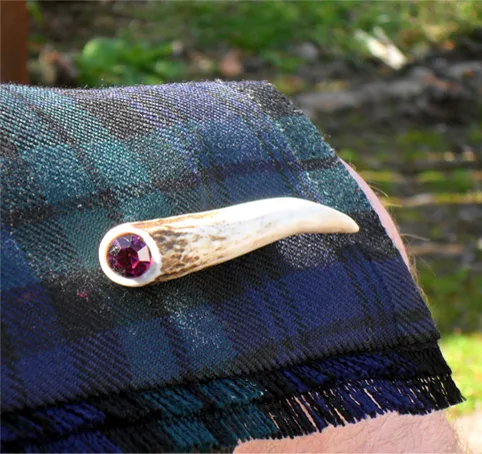 A kilt pin with a pale antler shaft and a red stone, pinned to the corner of a dark blue and green tartan kilt apron.
